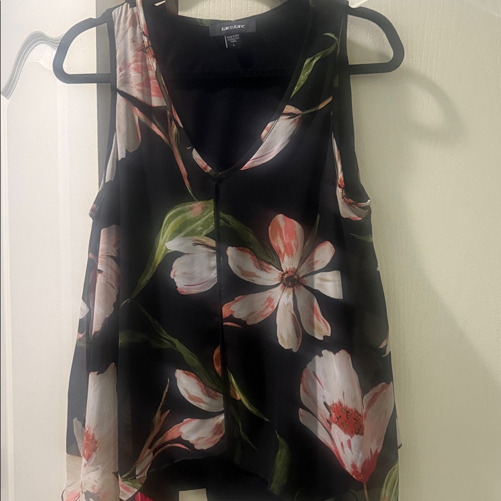 Karen Kane Black Floral V-Neck Sleeveless Blouse
